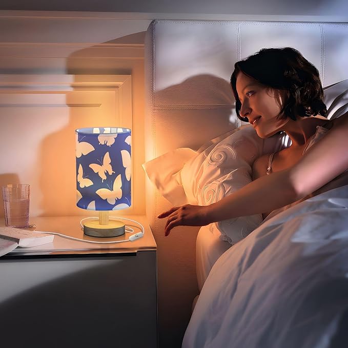 White Butterfly LED Table Lamp, Bedside Lamp with Linen Lampshade, Flicker-Free Eye Care USB Plug in Nightstand Lamp, for Bedroom and Office
