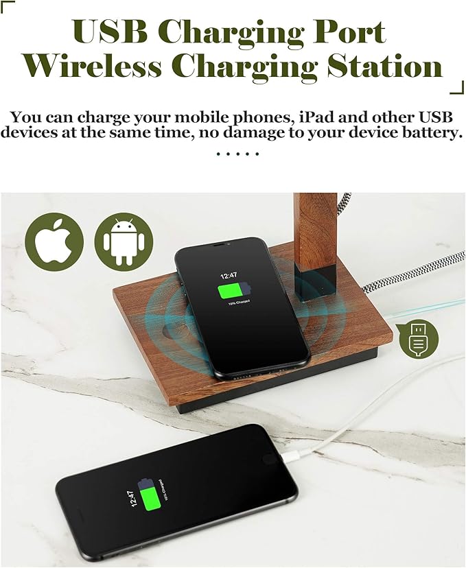 ELYONA Touch Control Desk Lamp with Wireless Charging & USB Port, Sapele Wood Reading Task Light,Adjustable, Swing Arm Table Lamp for Bedroom, Study Work, Office, Dorm, LED Bulb Included, Black