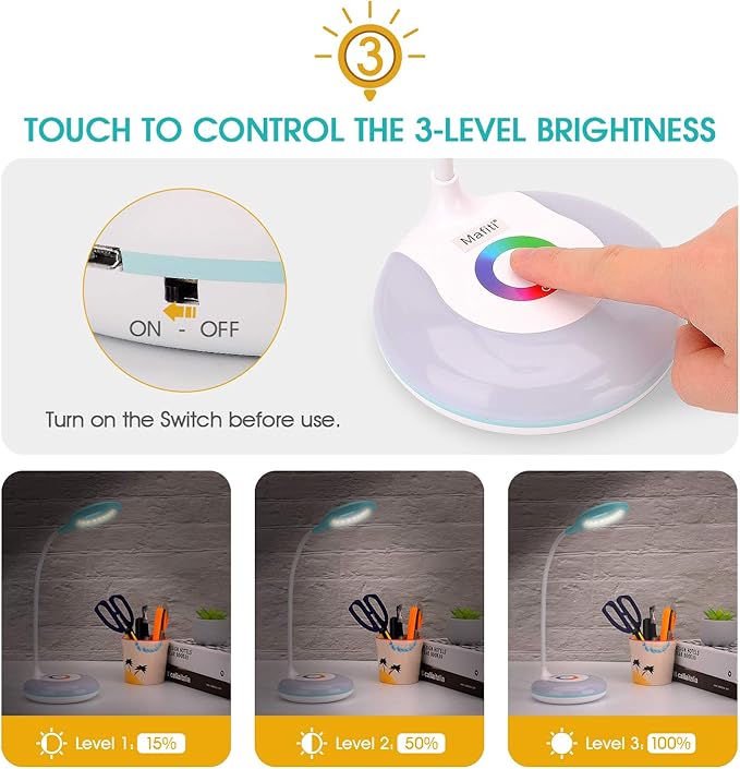mafiti LED Desk Lamp Cordless Rechargeable Battery Operated Table Light Adjustable Gooseneck Dimmable Touch Control Color Changing RGB Eye-Caring Base Night Light for Kids with USB Charging Cable