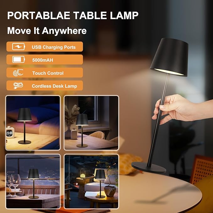 Black Cordless Table Lamp - 8-20 Inches Adjustable Height, 5000mAh Rechargeable Battery LED Desk Lamp, 3 Color Stepless Dimmable, Portable Waterproof Metal Table Light for Indoor/Outdoor