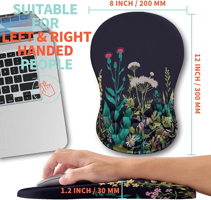 Ergonomic Mouse Pad Wrist Support with Memory Foam Massage Bulge, Carpal Tunnel Mousepad Wrist Rest for Mouse(12x8 inch, Midnight Floral)