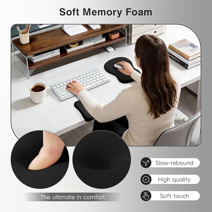Ospelelf Mouse Pad with Wrist Rest Set Foam L-Shaped Desk Elbow Pad Ergonomic Desk Edge Cushion Anti-Slip Rubber Bottom Office Women Desk Accessories for Computer, Laptop and Gaming, Black