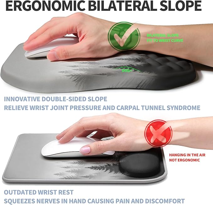 Ergonomic Raised Mouse Pad Wrist Support with Bilateral Slope Memory Foam Mousepad for Wrist Rest and Carpal Tunnel Support 11.8x7.9〃Forest