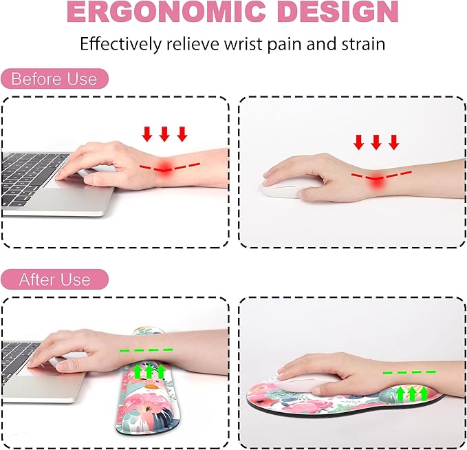 Ergonomic Mouse Pad with Wrist Rest and Keyboard Wrist Rest, Mousepad and Wrist Rest for Computer Keyboard, Non-Slip Rubber Base, Mouse Pad Wrist Support for Gaming, Office, Pink Flower