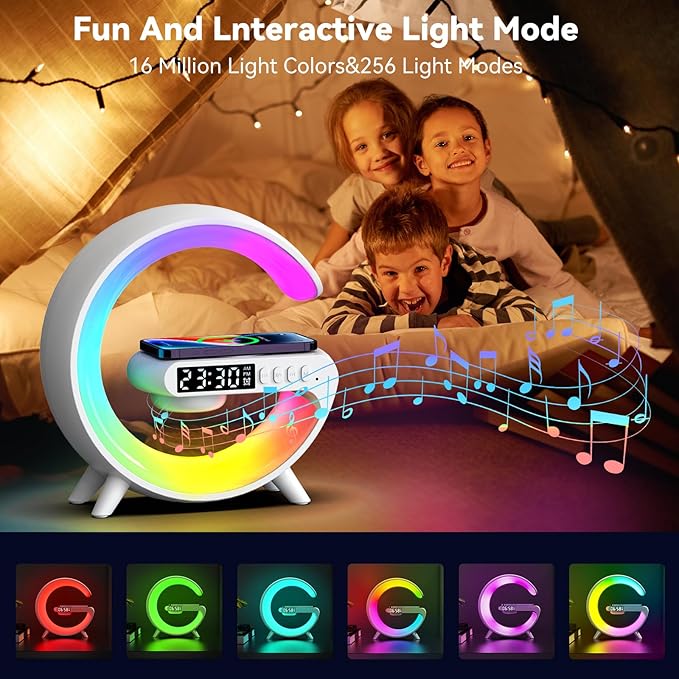 Mini LED Table Lamp with 4-in-1 Wireless Charger, Night Light, Sunrise Alarm Clock, Bluetooth Speaker, Smart Atmosphere Table Lamp for Bedroom, Office, Home Decor (Black)