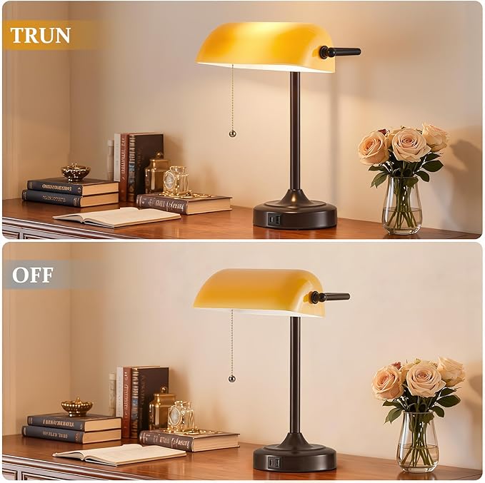 Vintage Bankers Lamp - Retro Desk Lamp with USB & Type C Charging Ports Traditional Pull Chain Switch Library Table Lamp for Home Office Nightstand Bedroom Side Table Lamp(Amber Glass Shade)