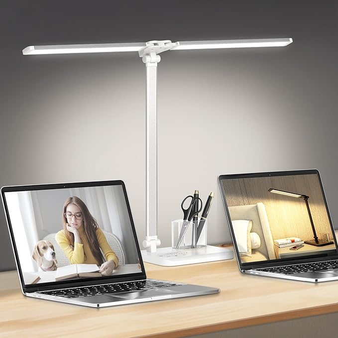 LED Desk Lamp Dimmable Table Lamp with USB Charging Port, 50 Lighting Modes, Adjustable Foldable Dual Swing Arm Architect Desk Lamp for Home Office, Eye-Caring Reading Lamp w/Pen Holder 45min Timer