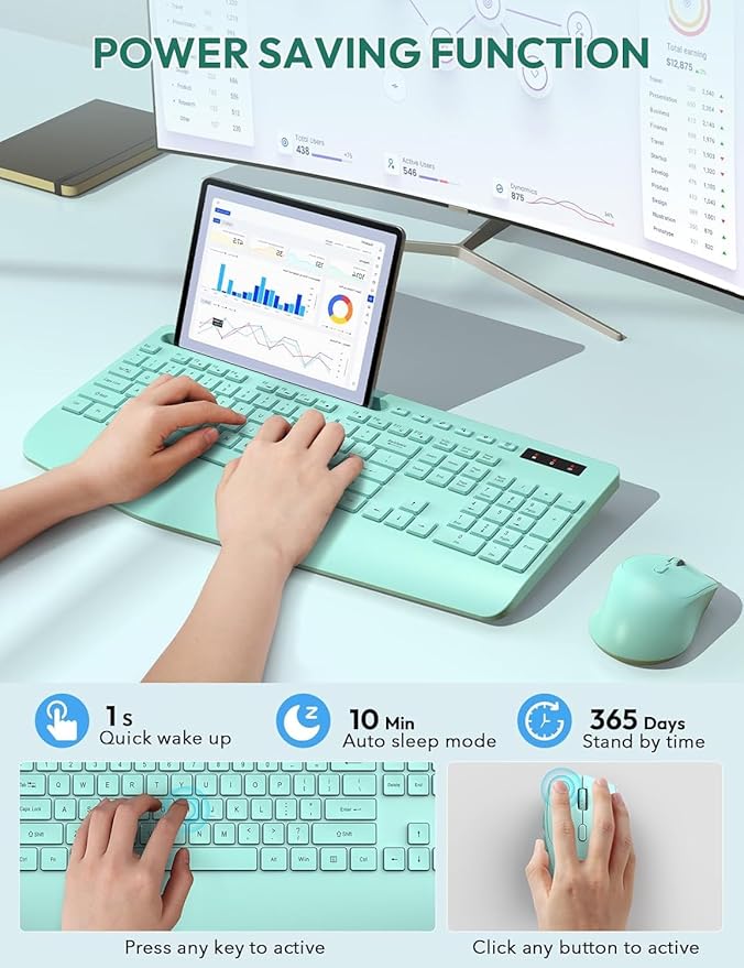 SABLUTE Wireless Keyboard and Mouse, Wrist Rest, Phone Holder, 2.4G Lag-Free Ergonomic Keyboards Mouse Combo, KM23D Silent Keyboards Set for PC, Laptop, Windows, Mint Green