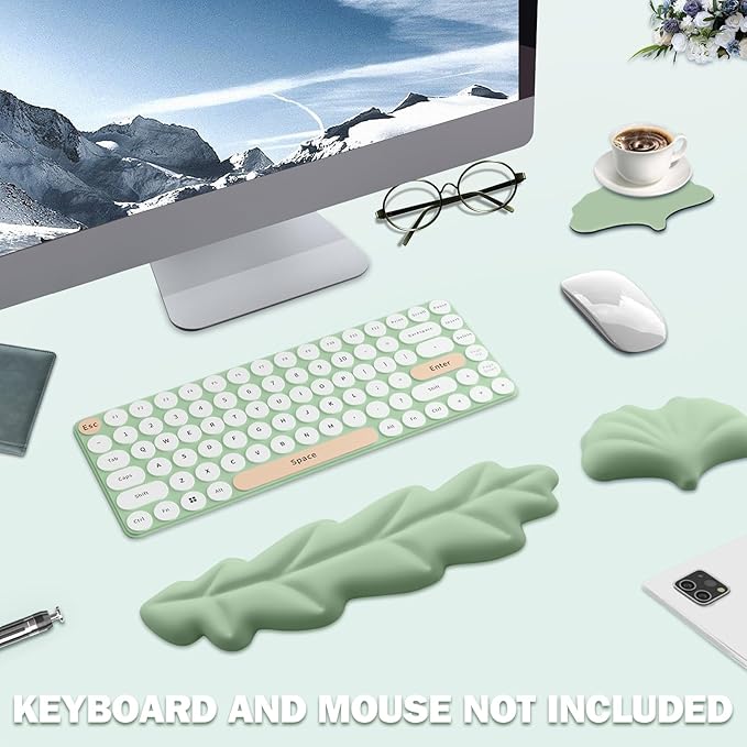 Keyboard Wrist Rest Pad Set, Leaf Shape PU Leather Memory Foam Wrist Cushion Support,Mouse Wrist Rest Pad,Non-Slip Wrist Support for Easy Typing, Green Leaf