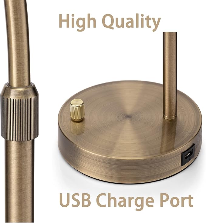 Tall Industrial Gold Rattan Table Bedside Lamp for Bedroom with USB Charge Port, Boho Woven Nightstand Lamp Home Office Couch Side Living Room Decoration Desk Lamp Gold & White