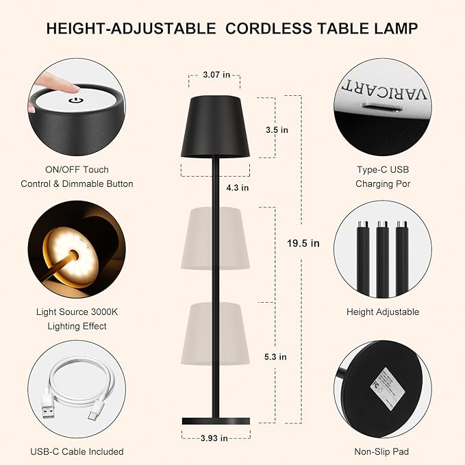 Black Cordless Table Lamp - 8-20 Inches Adjustable Height, 5000mAh Rechargeable Battery LED Desk Lamp, 3 Color Stepless Dimmable, Portable Waterproof Metal Table Light for Indoor/Outdoor
