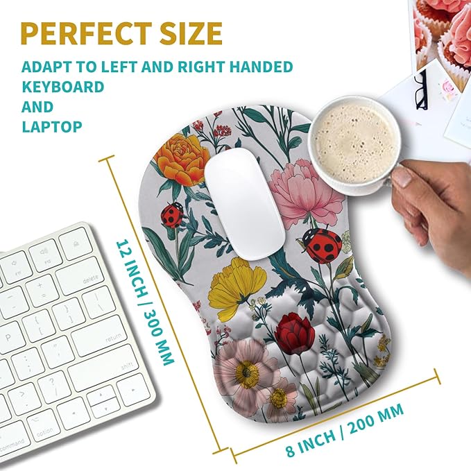 Hokafenle Ergonomic Mouse Pad Wrist Support, Wrist Rest Mousepad for Carpal Tunnel with Integrated Memory Foam Slope Massage Bulge (11.8x7.9 inch,Flowers and Ladybugs)