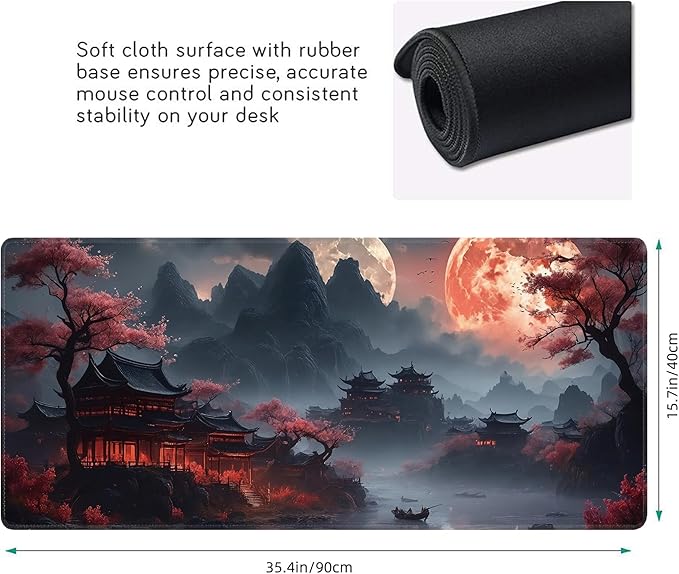 Desk Mat, Japanese Full Moon XXL 35.4"x15.7"Large Gaming Mouse Pad, 3mm Thick Gaming Keyboard Pad,Desk Pad Non-Slip Rubber Base with Stitched Edges for Office Game Home Decor