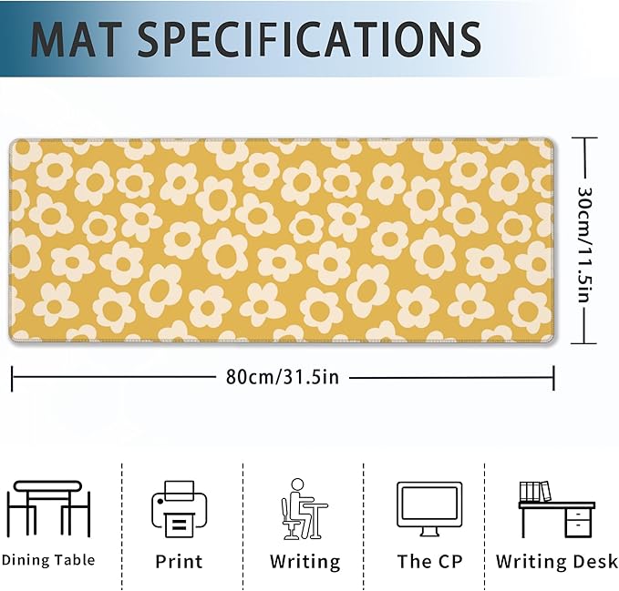Desk Mat, Vintage Groovy Yellow Flowers Extended Gaming Mouse Pad Large, Big Desk Mat with Non-Slip Base and Stitched Edge, Long Computer Keyboard Mouse Mat for Home Office Work 31.5"x11.8"