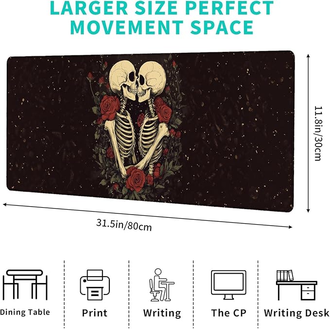 Skull Skeleton and Rose Gaming Mouse Pad,12x31.5in Non-Slip Rubber Gothic Romantic Dark Desk Mat,Large Extended Horror Mousepad for Office Home Laptop,Mice Pads Gifts,Game Lover Deskmat Decor