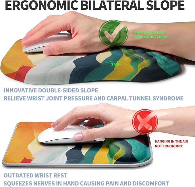 Ergonomic Raised Mouse Pad Wrist Support with Bilateral Slope Memory Foam Mousepad for Wrist Rest and Carpal Tunnel 11.8x7.9〃Colorful Lines