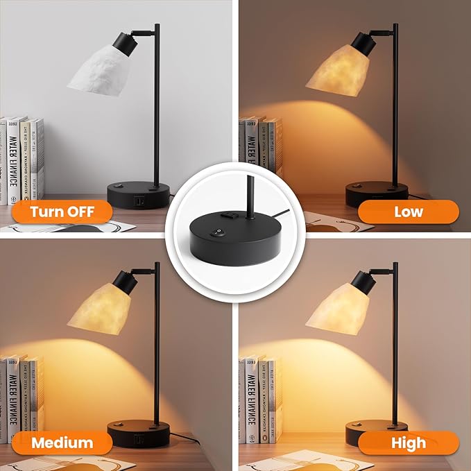 Neoglint Industrial Desk Lamp, Dimmable Table Lamp with USB C & A Ports + AC Outlet, Vintage Nightstand Lamp with 3D Lunar Texture Shade & LED Bulb, Adjustable Reading Light for Bedroom, Black