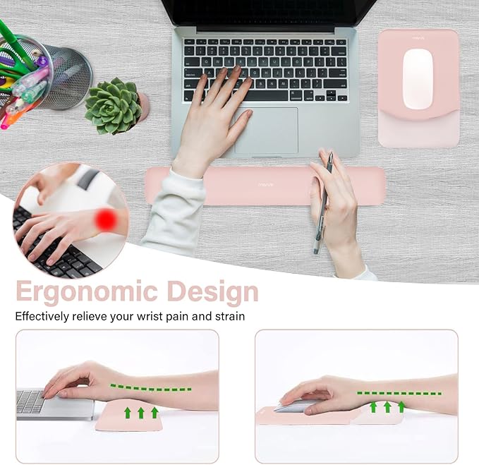 MOSISO Wrist Rest Support for Mouse Pad&Keyboard Set, Rectangular Ergonomic Mousepad Non-Slip Base Home/Office Easy Typing Pad with Neoprene Cloth&Raised Silicone Lining, Baby Pink