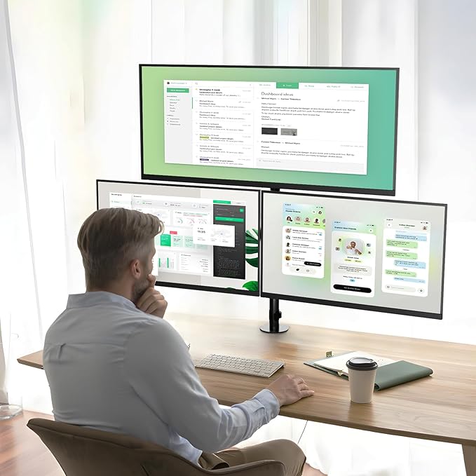 3 Monitor Desk Mount for 17 to 32 inch Screens, Fully Adjustable Triple Monitor Stand with Tilt,Swivel,Rotate, Each Arm Holds up 17.6 lbs,VESA Mount 75x75/100x100mm, Clamp & Grommet Kit