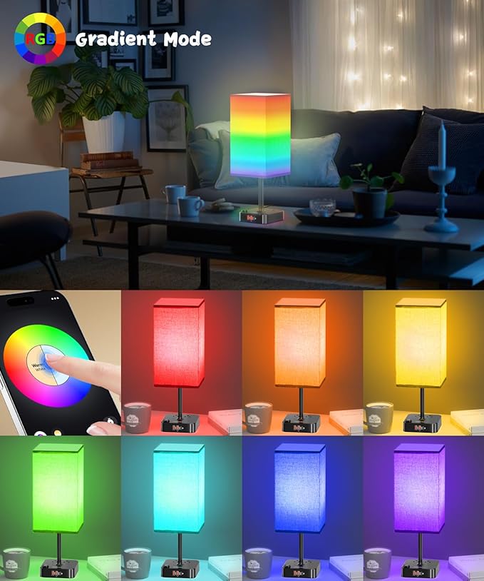 Bluetooth/WiFi RGB & USB Bedside Table Lamp with 3 USB Charging Ports 2 Outlets Power Strip, LED Light Bulb Dimmable, Music Sync Color Changing Light (RGB - Red Shade)