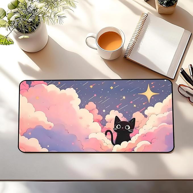 Anime Desk Mat,Pink Purple Clouds Mouse Mat Desk Pad, Cute Black Cat Game Mousepad, Full Deskmat, Extended Computer Desk Keyboard Mat, for Women Office Desktop Decor Aesthetics 31.5"X15.7"