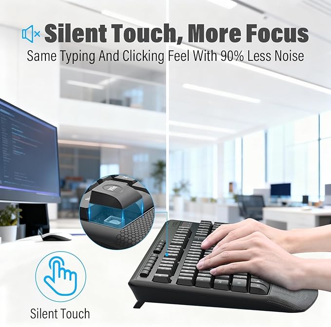Wireless Keyboard and Mouse Combo,Silent Soft Touch Quiet Keyboard Less Noise 90%,Ergonomic with Wrist Rest,2.4GHz 104 Keys Full Size,2400 DPI Mouse,for Office/Work/Home/PC Computer/Laptop/Mac,Black