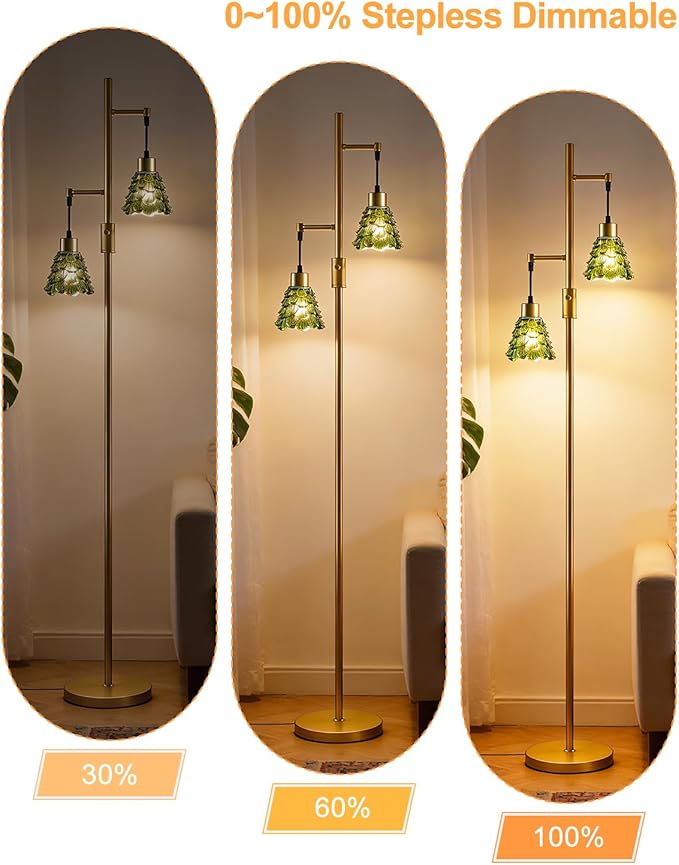 2-Light Glass Floor Lamp, Gold Tall Standing Lamps Dimmable with Green Glass Lampshade, 3000K Warmwhite Mid Century Modern Floor Lamp for Living Room/Bedroom/Sofa Beside/Home Decor