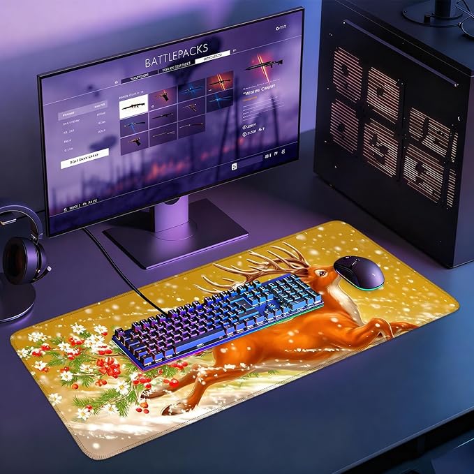 Desk Mat, XXL Extended Gaming Pad for Desktop, 31x12 Inches Winter Reindeer Running in Snow, Large Non-Slip Vegan Leather Surface with Stitched Edges, Keyboard Mouse Mat for Home Office