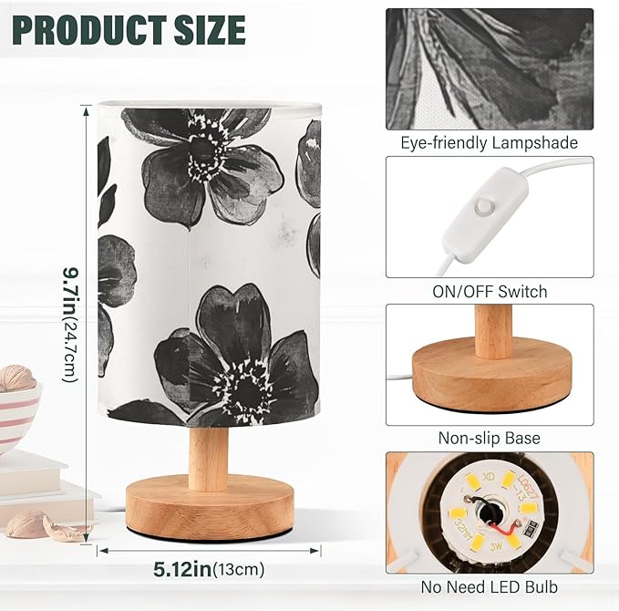 Black Floral LED Table Lamp, Bedside Lamp with Linen Lampshade, Flicker-Free Eye Care USB Plug in Nightstand Lamp, for Bedroom and Office