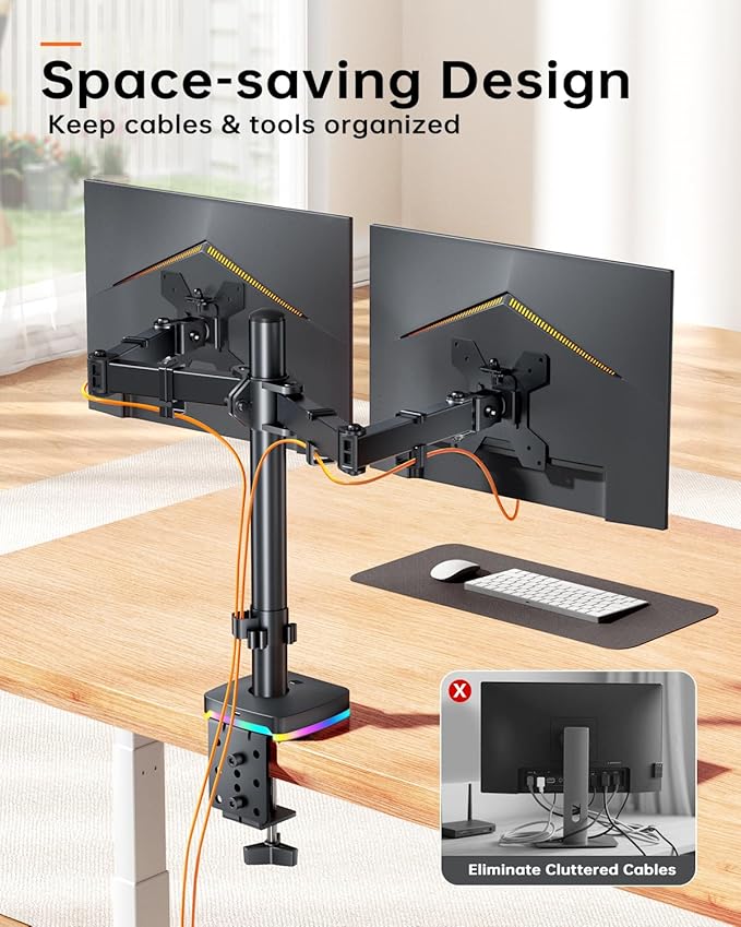RGB Dual Monitor Desk Mount, Monitor Stand with 3 USB Ports, Charging and USB Data Transfer Function, Adjustable Arms for 13"-27" Monitors up to 17.6lbs, VESA 75x75mm 100x100mm, Ergonomic Design