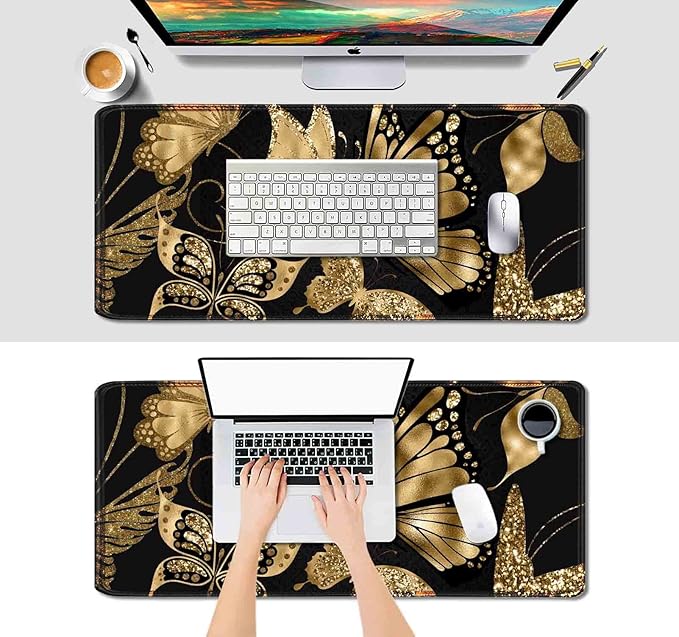 IMAYONDIA Black and Gold Desk Mat (35.4x15.7 in), XL XXL Gaming Large Mouse Pad, Non-Slip Rubber Base Big Keyboard Deskmat for Desktop, Computer Accessories, Butterfly Gold Glitter Foil Art