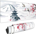 Japanese Pagoda Cherry Blossom Gaming Mouse Pad XL Birds Sakura Branch Mountain Extended Large Desk Cover Table Mat Non-Slip Rubber Base Stitched Edge Long Keyboard Playmat for Gamer,31.5×11.8 in