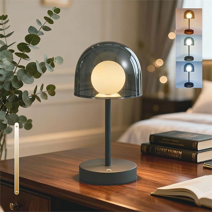 Rechargeable Mushroom Lamp, Small Cordless Table Lamp with Stepless Dimmable, Portable Modern Lamp IP44 Touch Control for Bedroom Living Room Bathroom Balcony, 7.7" W x 10.6" H (Smoky Grey)