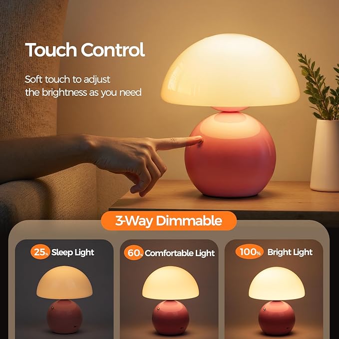 NIORSUN Mushroom Lamp Table Lamp for Bedroom, Portables Cordless Table Lamp,Wireless lamp,Small Bedside Table Touch Lamps for Living Room,Mini Mushroom 5200mAh Battery Operated Lamp Modern Pink