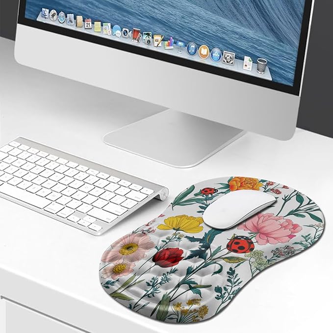 Hokafenle Ergonomic Mouse Pad Wrist Support, Wrist Rest Mousepad for Carpal Tunnel with Integrated Memory Foam Slope Massage Bulge (11.8x7.9 inch,Flowers and Ladybugs)
