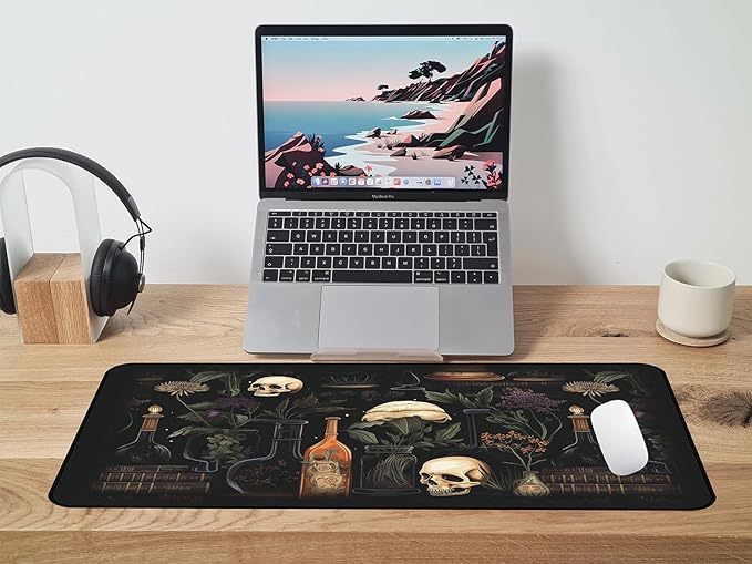 Retro Skull Large Mouse Pad, Gothic Desk Pad XXL, Office Desk Plant Desktop Cover Pad, Expanded Large Laptop Keyboard Pad, Dark Academic Gaming Table Decoration Accessories 31.5"X15.7"