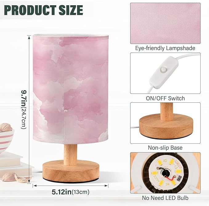 Pink Cloud LED Table Lamp, Bedside Lamp with Linen Lampshade, Flicker-Free Eye Care USB Plug in Nightstand Lamp, for Bedroom and Office