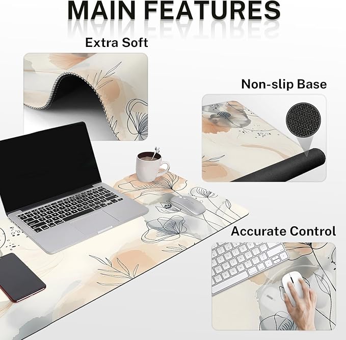 Arttown Watercolor Flower Leaf Desk Mat Summer Mouse Pad Set 4 in 1 Botanical Ergonomic Design Large Desk Pad + Keyboard Wrist Rest + Mouse Wrist Rest + Coaster Suitable for Home Office Study Game