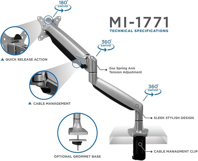 Mount-It! Single Monitor Arm Desk Mount with Gas Spring, Height Adjustable Monitor Stand for 13–32 Inch Screens up to 20 lbs, VESA 75x75 & 100x100, C-Clamp & Grommet, Sit-Stand Desk Compatible