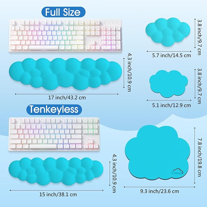 Cloud Wrist Rest Keyboard Cushion, 4-in-1 Ergonomic Cloud Keyboard Wrist Rest and Mouse Pad Set with Memory Foam Arm Support for Palm, Cute Desk Accessory for PC Gaming Setup, Scuba Blue