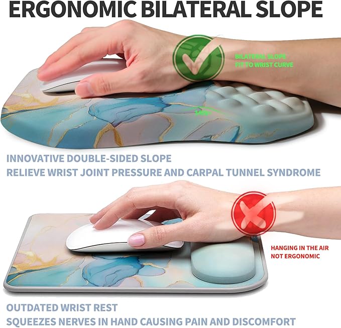 Ergonomic Raised Mouse Pad Wrist Support with Bilateral Slope Memory Foam Mousepad for Wrist Rest and Carpal Tunnel 11.8x7.9〃Blue Marble