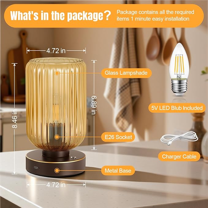 LigthRound Touch Table Lamp for Bedroom, Cordless Bedside Small Table Lamp, Dimmable Rechargeable Battery Operated Lamp for Nightstand, Bedside, Living Room, Desk, LED Bulb Included