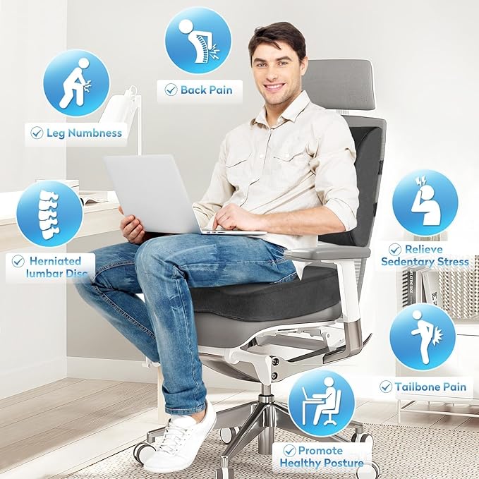 CloudBliss Seat Cushion, Office Chair Cushion, Car Seat Cushion, Lumbar Support Pillow for Office Chair, Back Support Memory Foam Pillow Coccyx Cushion for Tailbone & Coccyx Support, Grey, X-Large