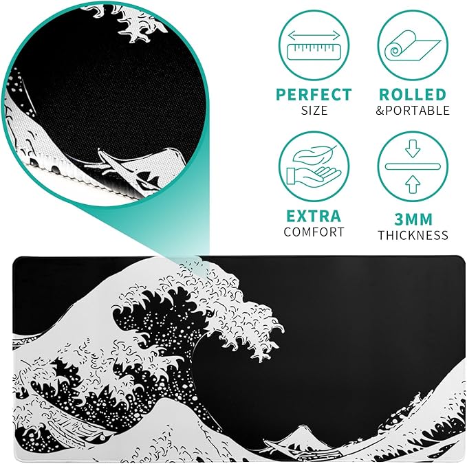 Japanese Sea Wave Large Mouse Pad, Abstract Black Gaming Mousepad, Extended Kanagawa Mat Desk Pad, 3mm Thick Long Non-Slip Rubber Base Mice Pad for Office and Home, 31.5x11.8 Inch