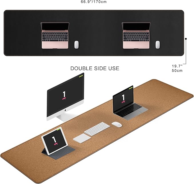 MAIDERN 67” x 19.6” Desk Pad, Large Desk Mat, Cork & Leather Large Mouse pad for Desk, Waterproof Computer Desk Pad for Gaming Home Office (Black) …