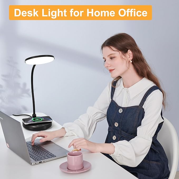 Sailstar Desk Lamp for Home Office, Small Desk Lamp with Wireless Charger, Dimmable 3 Color Modes Study Lamp, Adjustable Neck 800LM Eye-Caring Desk Light, Bedside, College Dorm, Adapter Included