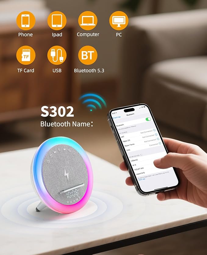 Wireless Alarm Clock, 15W Wireless Charging Station, Bluetooth Speaker Table Lamp for Bedroom Bedside, Dorm, Gifts for 13 Year Old Girls & Teenagers, White Noise Clock with Night Light