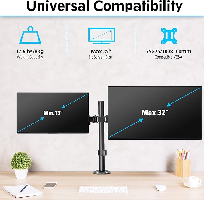 MOUNTUP Dual Monitor Desk Mount, Max 32 Inch up to 17.6lbs, Fully Adjustable Dual Monitor Arm for 2 LCD Screens, Double Monitor Stand with C-Clamp and Grommet Base