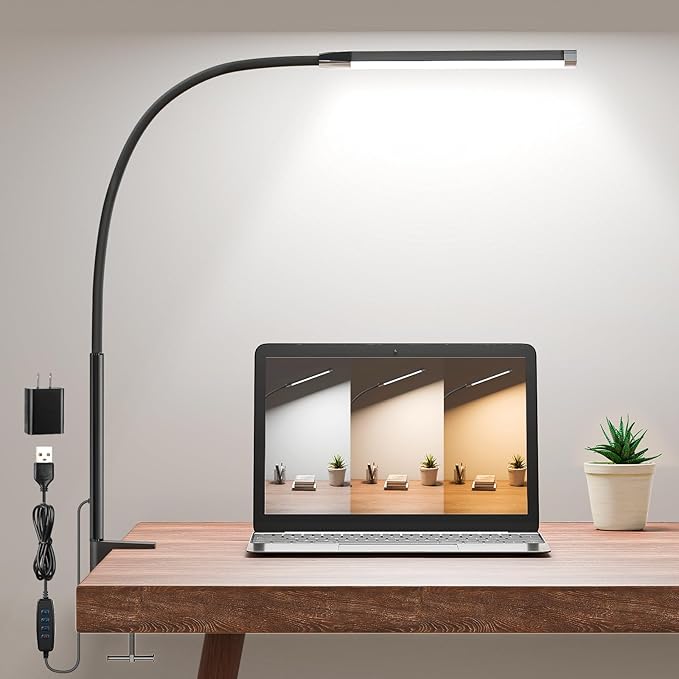 Clamp Lamp for Desk, Eye-Caring LED Clip Light, 27"Tall Flexible Arm, 3 Color Modes 10 Brightness, USB-Powered Task Lamp for Home Office Reading, Crafting, Sewing,5V/2A Adapter Included Black