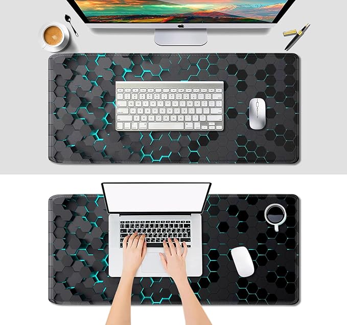 IMAYONDIA Black Blue Honeycomb Modern Gaming Large Mouse Pad XL(35.4x15.7 in), Geometric Shapes Cool Extra Large Mousepad, Computer Pad, Non Slip Rubber Desk Pad Mat